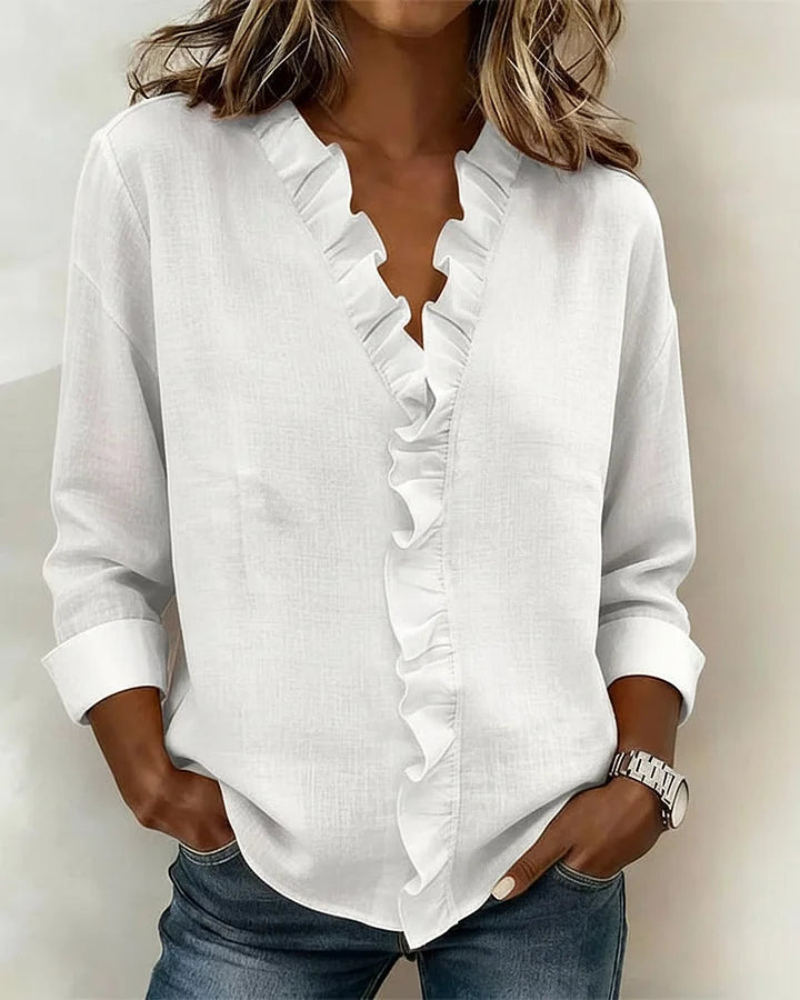 Linda | Blouse with Ruffles, V-Neck and Long Sleeves