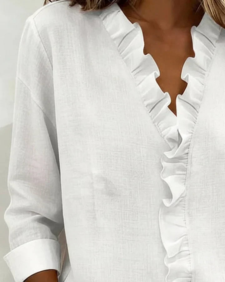 Linda | Blouse with Ruffles, V-Neck and Long Sleeves