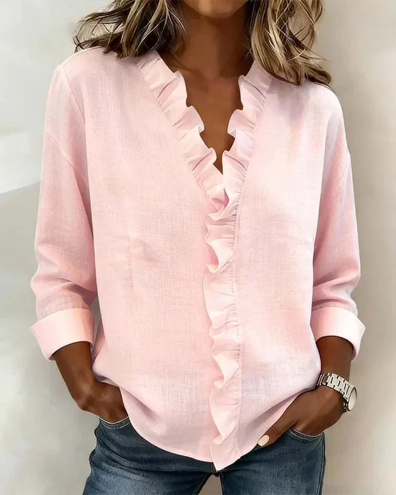 Linda | Blouse with Ruffles, V-Neck and Long Sleeves