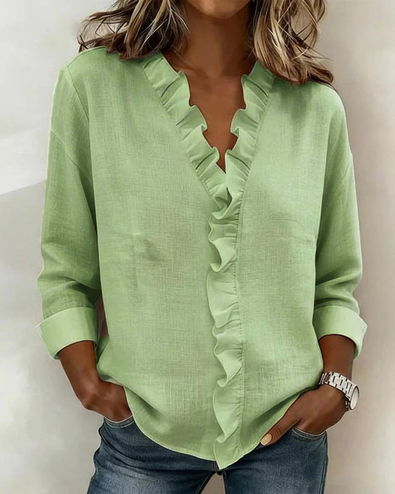 Linda | Blouse with Ruffles, V-Neck and Long Sleeves