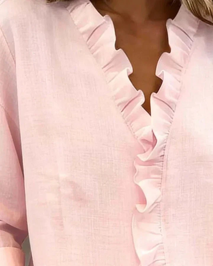 Linda | Blouse with Ruffles, V-Neck and Long Sleeves