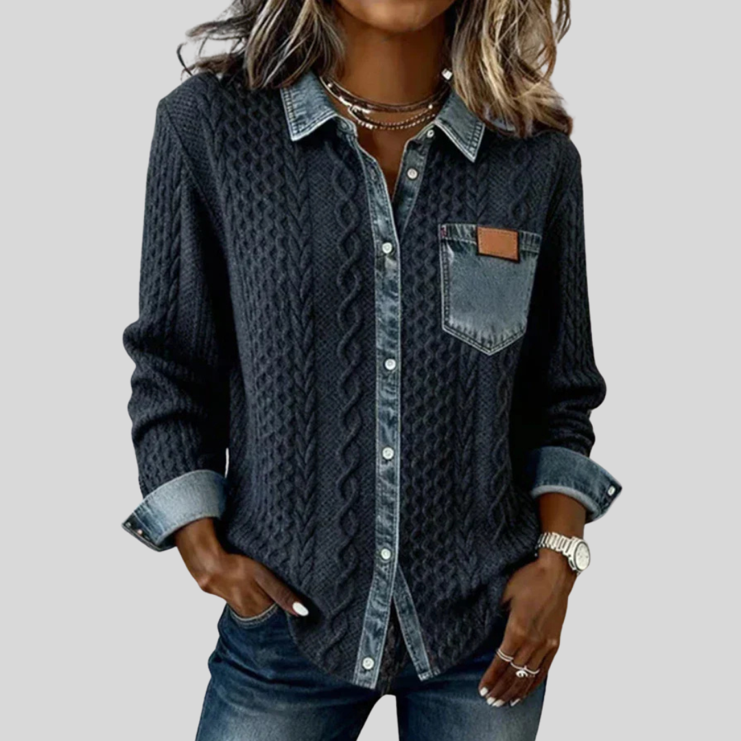 AMBRA - Denim-Accented Knit Patchwork Top