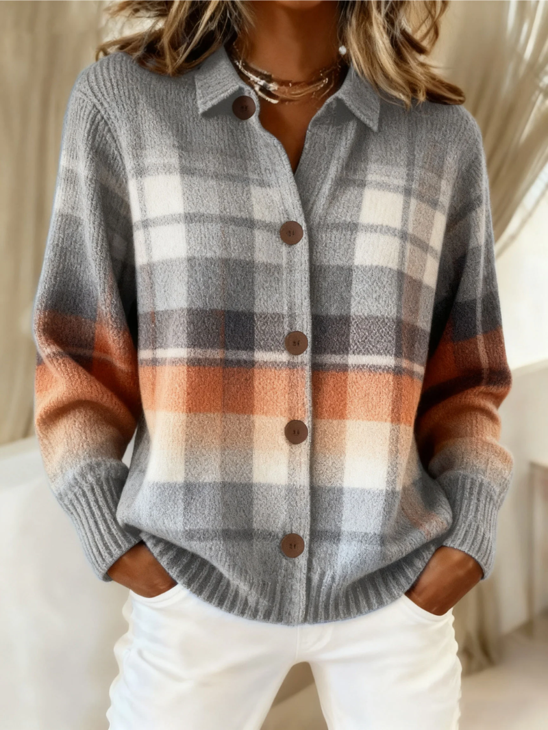 Elena – Soft-Hued Checked Knit Blouse