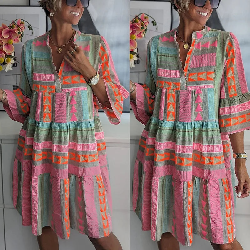 Caroline - Chic V-Neck Cotton Hemp Summer Dress