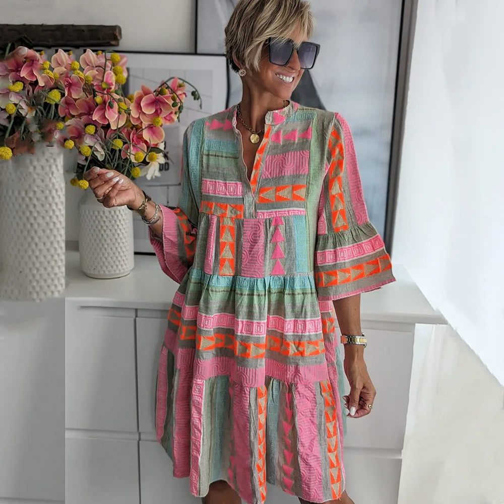 Caroline - Chic V-Neck Cotton Hemp Summer Dress