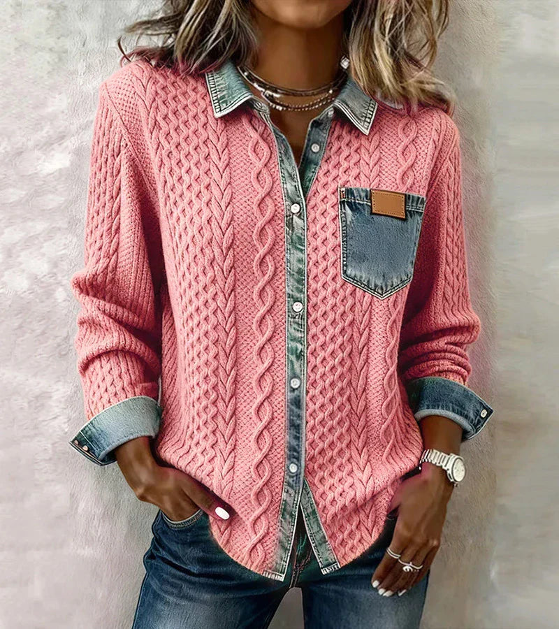 AMBRA - Denim-Accented Knit Patchwork Top