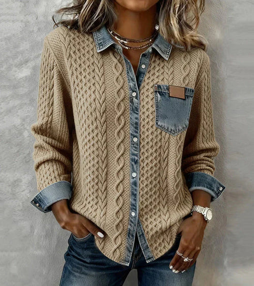 AMBRA - Denim-Accented Knit Patchwork Top