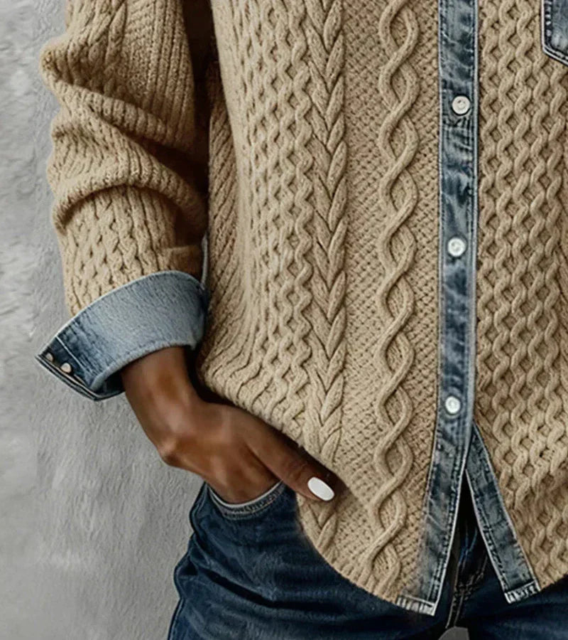 AMBRA - Denim-Accented Knit Patchwork Top