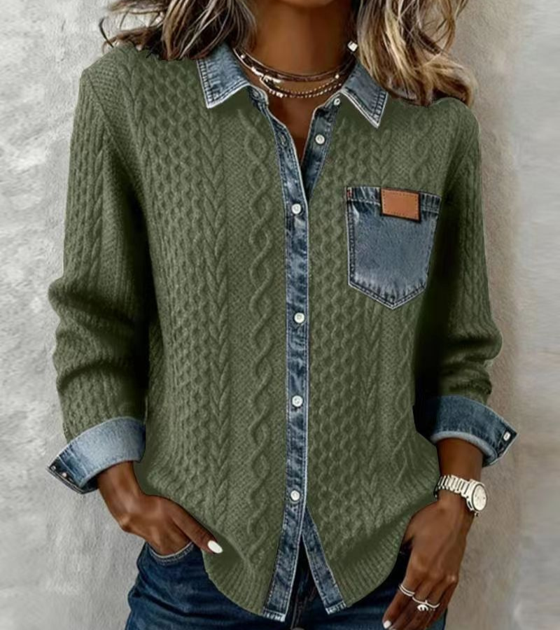 AMBRA – Top Patchwork Tricoté avec Accents Denim