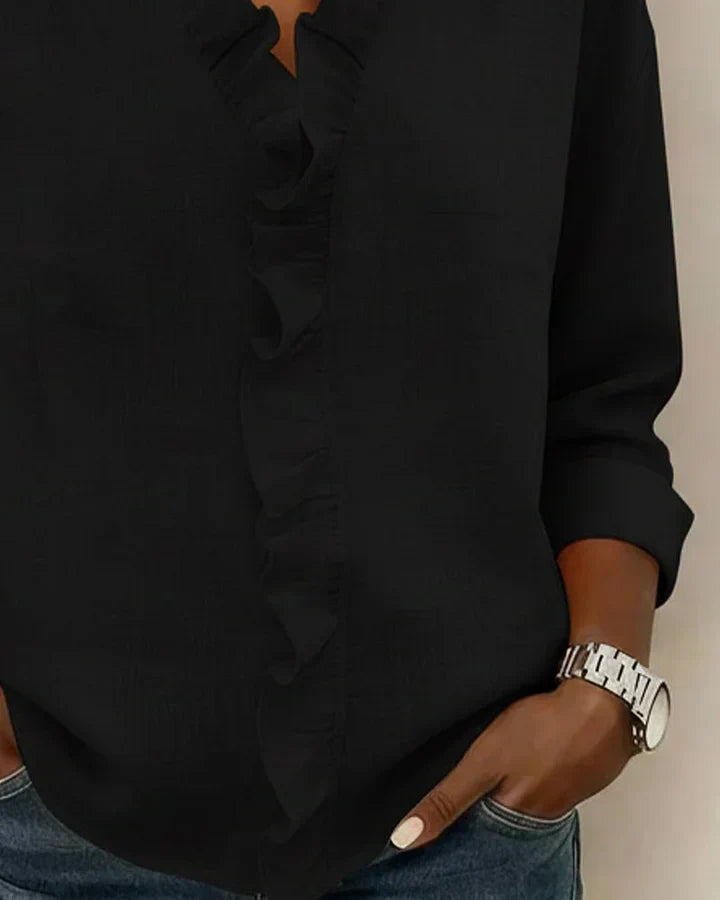 Linda | Blouse with Ruffles, V-Neck and Long Sleeves