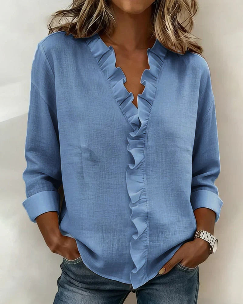 Linda | Blouse with Ruffles, V-Neck and Long Sleeves