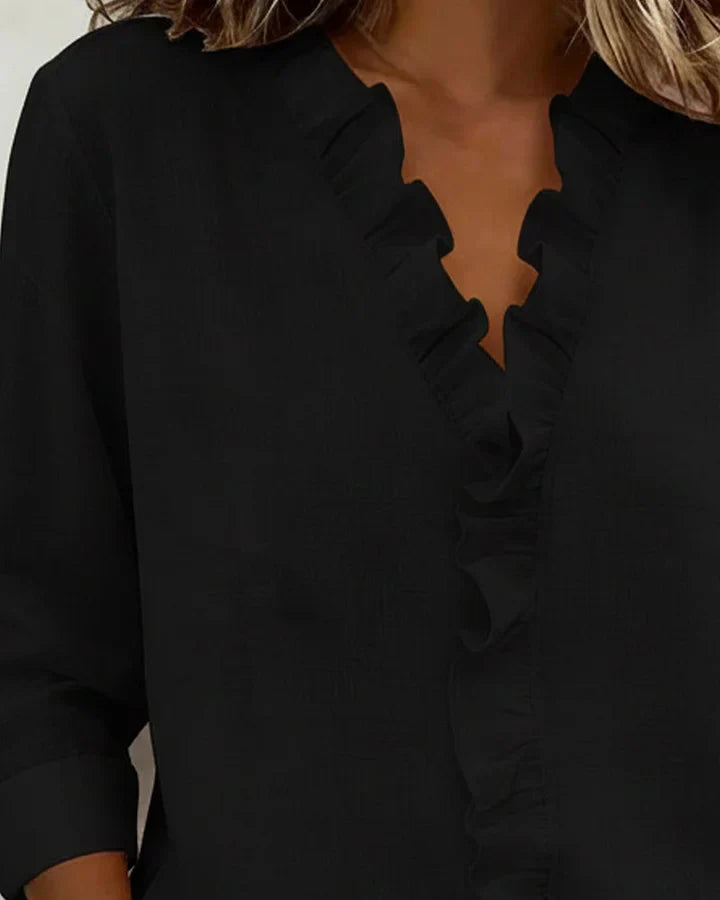 Linda | Blouse with Ruffles, V-Neck and Long Sleeves